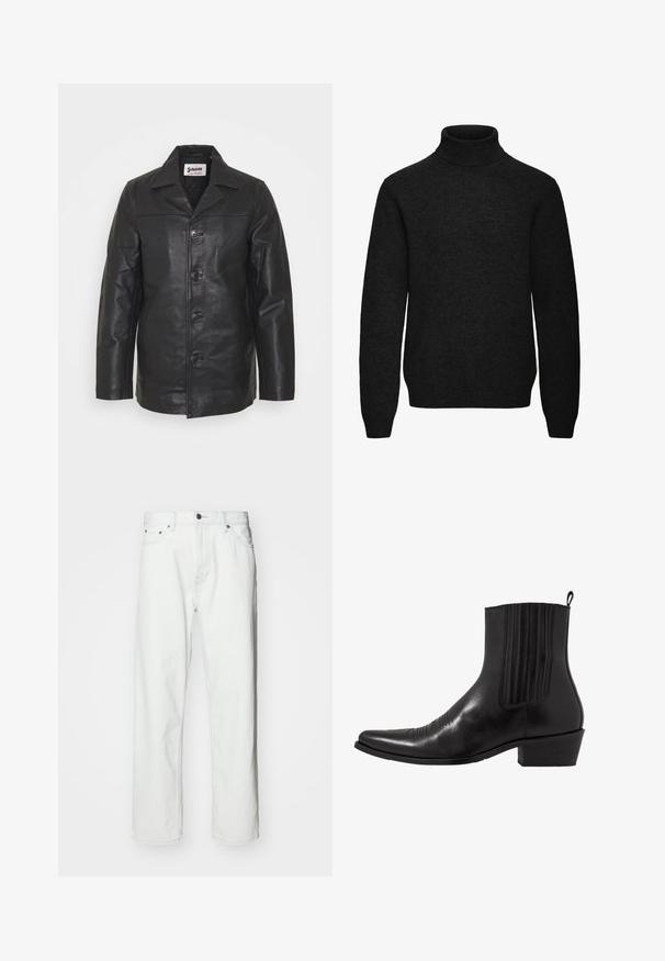 Veste en cuir noir avec un col, fermeture à boutons à l'avant, poches latérales et texture lisse. Coupe ajustée avec des lignes nettes.; Pull noir à col roulé manches longues avec poignets et ourlet côtelés, en tissu tricoté doux.; Jean en denim blanc avec une coupe droite, design à cinq poches, fermeture à bouton et détails de coutures subtils. Texture lisse et style minimaliste.; Bottine noire en cuir avec un bout pointu, des panneaux latéraux élastiques, des accents de coutures verticales et un petit talon bloc.