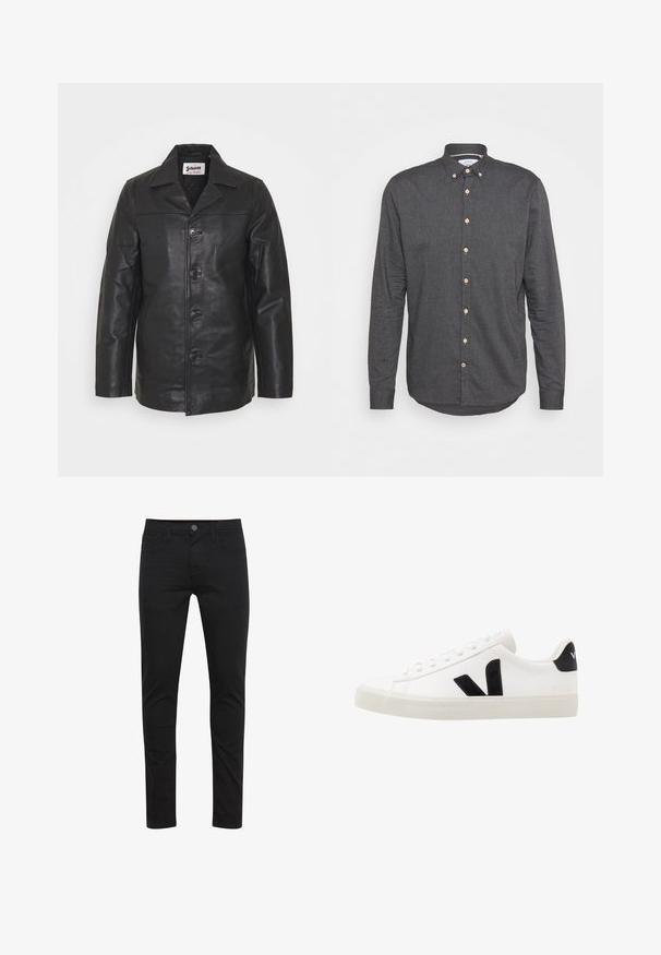 Zwarte leren jack met een kraag, knoopsluiting aan de voorkant, zijzakken en een gladde textuur. Getailleerde pasvorm met strakke lijnen.; Donkergrijze button-up shirt, gemaakt van textuurstof met lange mouwen, een puntige kraag en houten knopen aan de voorkant.; Zwarte skinny jeans gemaakt van lichtgewicht stof, met een knoopsluiting aan de voorkant, vijf zakken en subtiele stikdetails.; Witte leren sneaker met zwarte suède accenten; voorzien van een rubberen zool, ronde neus en een klassieke vetersluiting. Zijkant met logo in het zwart.