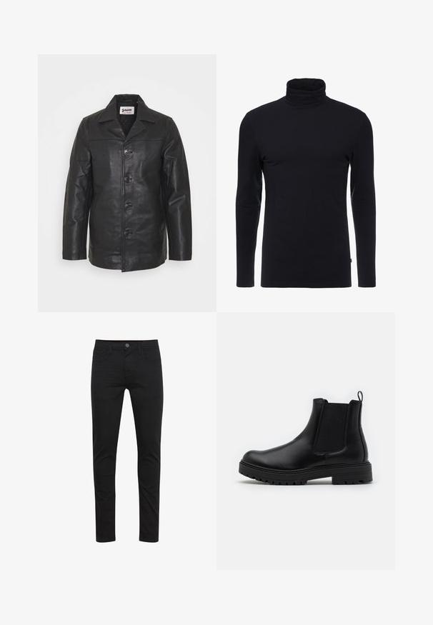 Veste en cuir noir avec un col, fermeture à boutons à l'avant, poches latérales et texture lisse. Coupe ajustée avec des lignes nettes.; T-shirt noir à manches longues et col roulé en tissu doux et extensible. Présente un design ajusté et une texture lisse. Aucun motif ni accent visible.; Jean skinny noir en tissu léger, avec fermeture à boutons sur le devant, cinq poches et des détails de couture subtils.; Zign by Zalando LEATHER - Bottines - black