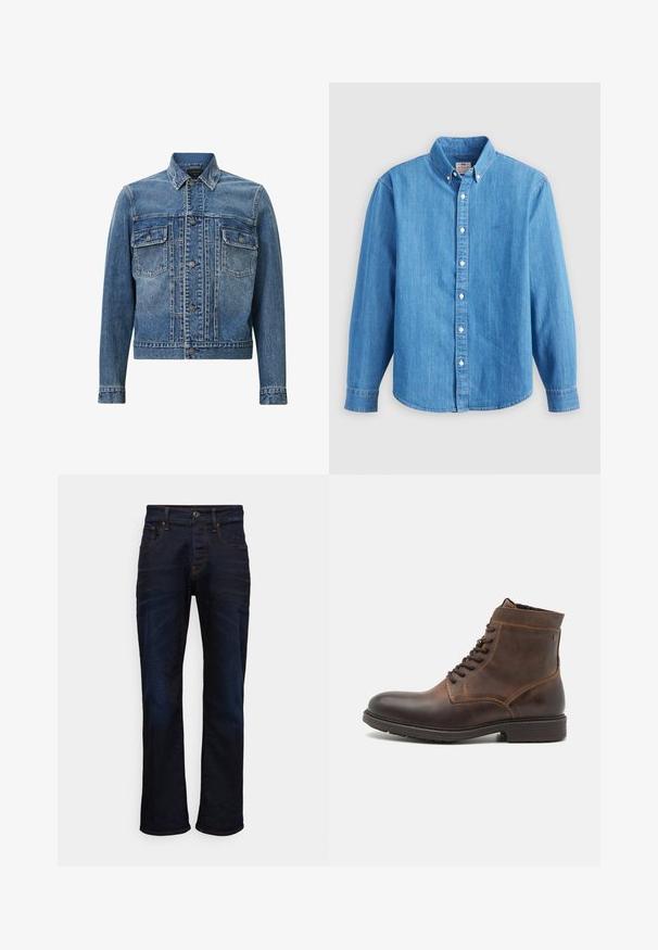 Blauwe denimjas met een klassiek ontwerp, twee voorzakken, knoopsluiting en lichte vervaging voor textuur en detail.; Lichtblauw denim overhemd met lange mouwen, button-down kraag en witte knopen. Heeft een klein geborduurd logo op de borst.; Donkerblauwe spijkerbroek met een recht model, vijf zakken en contrasterende stikseldetails. Het materiaal heeft een zachte, geweven structuur.; Jack & Jones JFWDELANEY BOOT - Veterboots - cognac