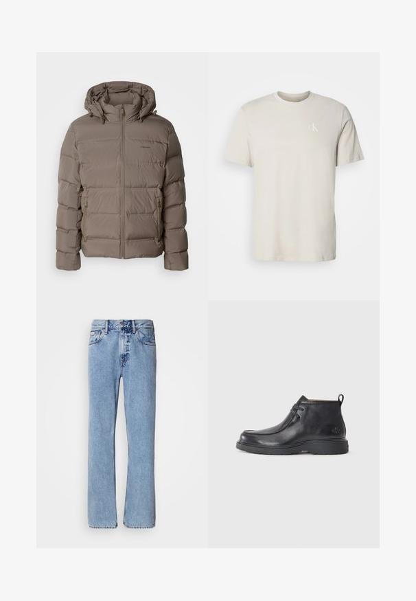 Veste rembourrée en beige doux, dotée d'une capuche, d'une fermeture éclair à l'avant et de poches zippées sur les côtés. Fabriquée en matériau matelassé et rembourré pour la chaleur.; T-shirt beige en coton à manches courtes et col rond, avec petit logo "cK" blanc sur le côté gauche de la poitrine.; Jean en denim bleu clair avec une coupe droite, cinq poches et une fermeture à bouton. Détails de couture près des poches et de la taille.; Bottes noires en cuir à talon arrondi, avec un design à lacets et une languette à l'arrière. Tige texturée et semelle en caoutchouc.