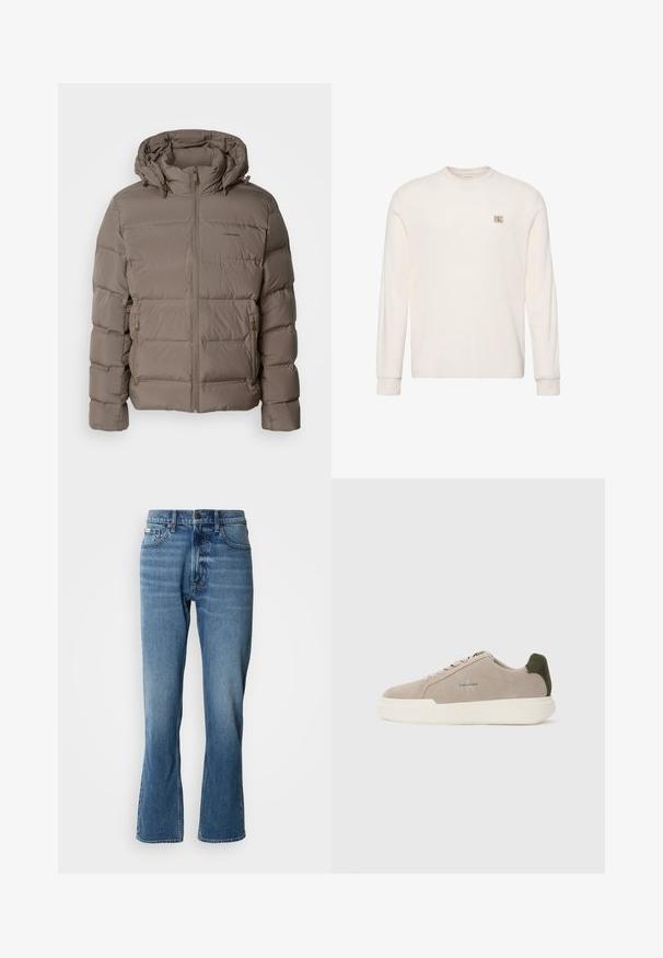 Veste rembourrée en beige doux, dotée d'une capuche, d'une fermeture éclair à l'avant et de poches zippées sur les côtés. Fabriquée en matériau matelassé et rembourré pour la chaleur.; Pull en maille blanc à manches longues avec col rond et petit patch logo Calvin Klein beige sur la poitrine gauche.; Jeans en denim bleu clair avec une coupe droite et une légère évasée. Comprend cinq poches, une fermeture à bouton et des détails de décoloration subtils.; Baskets en suède beige avec une semelle en caoutchouc blanche, présentant un accent de talon vert foncé et une branding subtile sur le côté.