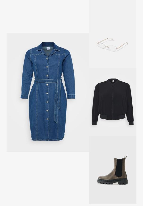 Sort bomberjakke lavet af letvægtsstof, med en frontlynlås, ribbede manchetter og kant, samt et klassisk rundhalsdesign.; Denimkjole med lange ærmer, knaplukning foran, livrem og krave. Mørkeblå farve med lysere syninger som accenter.; Metallic bronze ankelstøvle med kraftig sort sål, elastisk sidelap og træksløjfe på ensfarvet hvid baggrund.; Guldmetal briller med ovale linser, slanke arme og klare næsepuder. Har subtile hængsel accenter og gennemsigtige linser.