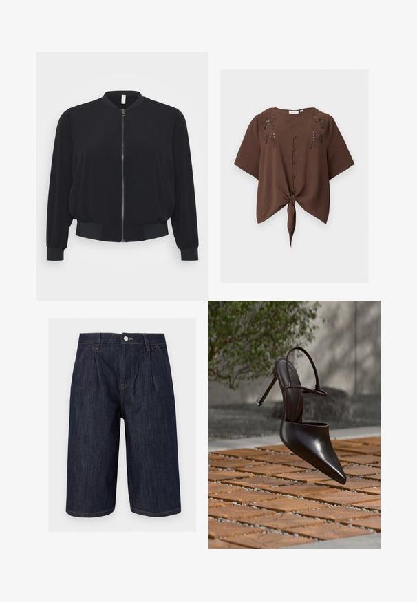 Sort bomberjakke lavet af letvægtsstof, med en frontlynlås, ribbede manchetter og kant, samt et klassisk rundhalsdesign.; Brun kortærmet bluse med bindebånd foran, stofbetrukne knapper og blomsterudskåret broderi nær halsudskæringen.; Mørkeblå denim lange shorts med frontplisser, sidelommer, bæltestropper og metal knaplukning i taljen.; Blank højhælet mule med spids tå og ankelrem, svævende over en terracottaflisebelagt overflade med grusfyldte mellemrum.