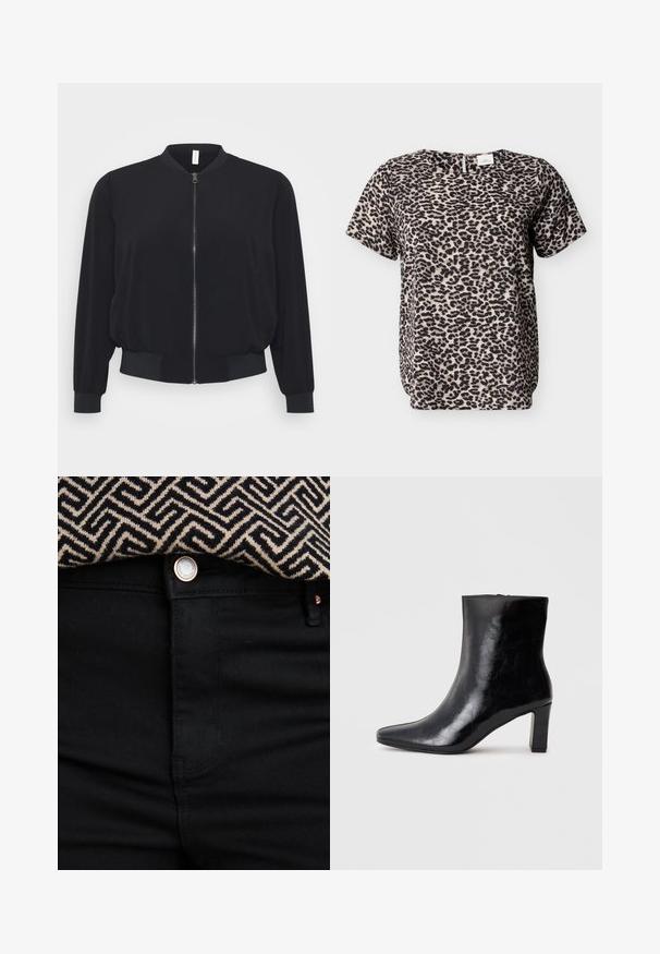 Schwarze Bomberjacke aus leichtem Material, mit einem Frontreißverschluss, gerippten Bündchen und Saum sowie einem klassischen Rundhalsdesign.; Kurzarm-Top mit Leopardenmuster in Beige und Schwarz. Rundhalsausschnitt mit einem Schlitz am Rücken. Weiche Stofftextur. Lockere Passform.; Nahaufnahme von schwarzen Hosen mit einem silbernen Knopf und einem beigen sowie schwarzen geometrisch gemusterten Stoff, der am Taillenbund hineingesteckt ist.; Schwarze Knöchelstiefel aus glänzendem Leder mit spitzem Zustand und mittelhohem Blockabsatz, mit glatter Textur und einfachem Design.