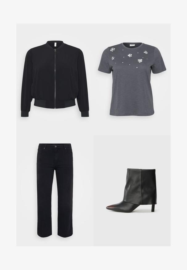 Schwarze Bomberjacke aus leichtem Material, mit einem Frontreißverschluss, gerippten Bündchen und Saum sowie einem klassischen Rundhalsdesign.; Graues Baumwoll-T-Shirt mit kurzen Ärmeln, verziert mit metallischen Blumenapplikationen und Pailletten, die auf der Vorderseite angeordnet sind. Weiche Textur, lässige Passform.; Schwarze Denim-Jeans mit einem geraden Bein-Design. Merkmale sind ein Knopfverschluss an der Taille, Gürtelschlaufen und Vorder-/Gesäßtaschen. Glatte Textur.; Schwarzer Knöchelstiefel aus glattem Leder mit spitzer Zehenpartie und schmalem Absatz. Das Obermaterial zeichnet sich durch ein leicht gerafftes Design aus.