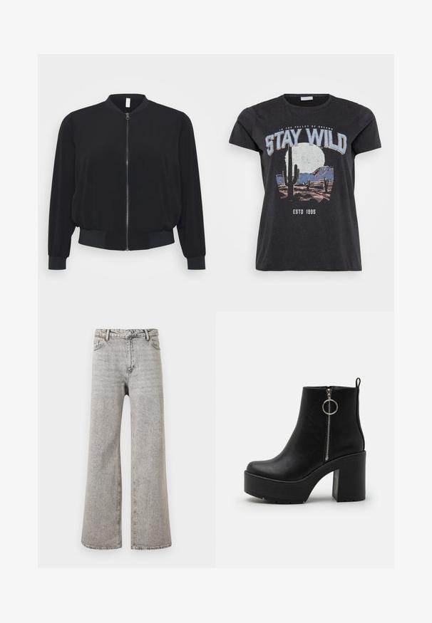 Schwarze Bomberjacke aus leichtem Material, mit einem Frontreißverschluss, gerippten Bündchen und Saum sowie einem klassischen Rundhalsdesign.; Schwarzes Baumwoll-T-Shirt mit einem grafischen Druck einer Wüstenlandschaft mit Kakteen, einem Mond und dem Schriftzug "STAY WILD" in blauer Schrift.; Hoch taillierte, gerade geschnittene graue Denim-Jeans mit Frontknopf, Reißverschluss und Fünf-Taschen-Design auf weißem Hintergrund.; Schwarze Knöchelstiefel aus Kunstleder mit einem seitlichen Reißverschluss, einem klobigen Absatz, einer Plateausohle und einer Schlaufe als Ziehhilfe auf der Rückseite.