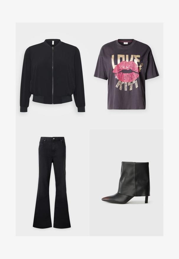 Sort bomberjakke lavet af letvægtsstof, med en frontlynlås, ribbede manchetter og kant, samt et klassisk rundhalsdesign.; Mørkegrå T-shirt med grafik af store pink læber og fed tekst, der lyder "LOVE & KISS" i beige og leopardmønstret skrift.; Sorte højtaljede jeans med knaplukning foran, lommer og brede, udflared ben, vist fladt på en ensfarvet lys baggrund.; Sort ankelstøvle lavet af glat læder med spids tå og tilspidset hæl. Overdelen har et let rynket design.