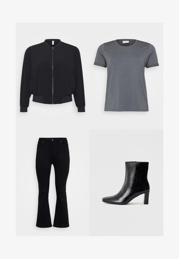 Schwarze Bomberjacke aus leichtem Material, mit einem Frontreißverschluss, gerippten Bündchen und Saum sowie einem klassischen Rundhalsdesign.; Graues kurzärmliges T-Shirt aus weichem Material mit klassischem Rundhalsausschnitt und aufgerollten Ärmeln. Glatte Textur ohne sichtbare Muster.; ONLY Carmakoma Flared fit CARWILLY High waist - Flared Jeans - black denim; Schwarze Knöchelstiefel aus glänzendem Leder mit spitzem Zustand und mittelhohem Blockabsatz, mit glatter Textur und einfachem Design.