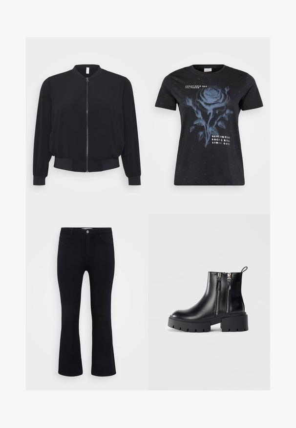 Zwarte bomberjack van lichtgewicht stof, met een voorrits, ribgebreide manchetten en zoom, en een klassiek rond kraagontwerp.; ONLY Carmakoma CARMIKO WASHED SS REG TEE JRS - T-shirt print - black; ONLY Carmakoma Flared fit CARTHUNDER Mid waist - Flared Jeans - black denim; Zwarte leren enkellaarsjes met stevige zolen, zijritsen en een hak. Glad oppervlak met een lus aan de achterkant voor eenvoudig aan- en uittrekken.