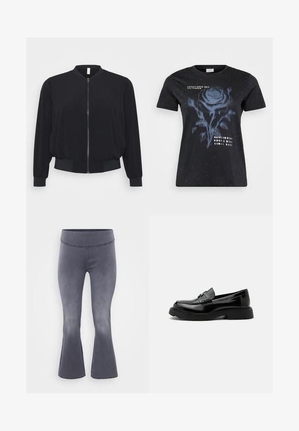 Mustast bomber-jakk tehtud kergest kangast, mis sisaldab ees olevat lukku, soonikuga mansette ja hemmi, ning klassikalist ümmargust kaelust.; ONLY Carmakoma CARMIKO WASHED SS REG TEE JRS - Trükipildiga T-särk - black; Hallid flööbid laia vööga. Sile kangas kerge sädelusega, tumedast ülaosas heledamaks alla poole.; Mustast läikivast nahast loafer, millel on robustne tald ja dekoratiivne rihm ülevalt, helehallil ühtlasel taustal.