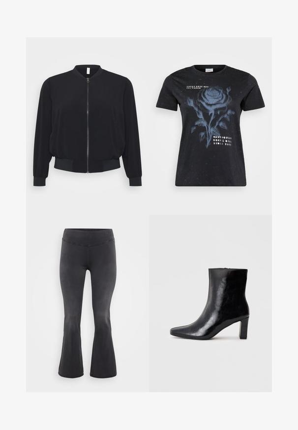 Schwarze Bomberjacke aus leichtem Material, mit einem Frontreißverschluss, gerippten Bündchen und Saum sowie einem klassischen Rundhalsdesign.; ONLY Carmakoma CARMIKO WASHED SS REG TEE JRS - T-Shirt print - black; ONLY Carmakoma Flared fit CARROYAL Mid waist - Flared Jeans - washed black; Schwarze Knöchelstiefel aus glänzendem Leder mit spitzem Zustand und mittelhohem Blockabsatz, mit glatter Textur und einfachem Design.