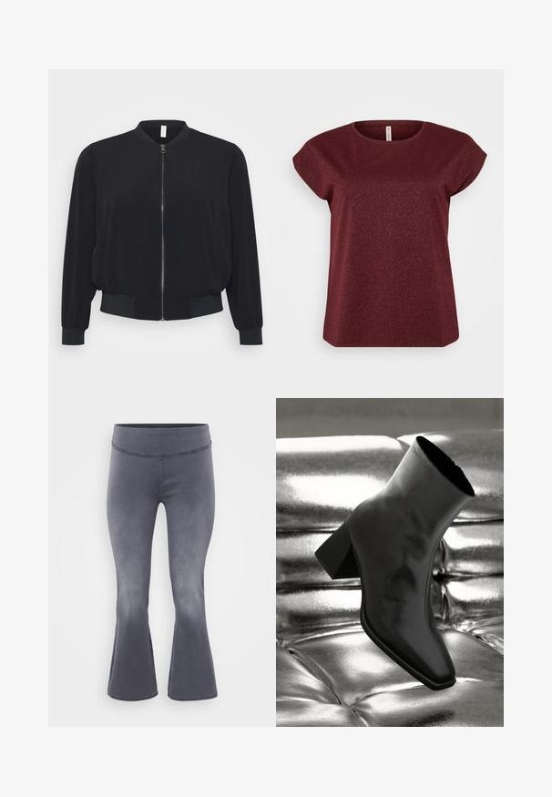 Chaqueta bomber negra hecha de un tejido ligero, con cremallera frontal, puños y dobladillo acanalados, y un diseño clásico de cuello redondo.; Top de manga corta burdeos con escote redondeado, hecho de una tela texturizada que incluye sutiles acentos de brillo. Silueta limpia y sencilla.; Pantalones acampanados grises con una cinturilla ancha. Tejido suave con un ligero brillo, que va de oscuro en la parte superior a más claro hacia la parte inferior.; Botín negro de tobillo hecho de material brillante, con punta cuadrada y tacón cónico, contra un fondo plateado brillante con almohadillado.