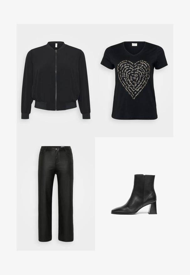 Sort bomberjakke lavet af letvægtsstof, med en frontlynlås, ribbede manchetter og kant, samt et klassisk rundhalsdesign.; Sort V-hals T-shirt med et hjerteformet tekstdesign i lys beige, der indeholder ord om kærlighed, medfølelse og forpligtelse i kursiv.; Sorte afslappede bukser i et glat, strækbart stof. Har et traditionelt fem-lomme design med lynlås og knaplukning.; Sort læder ankelstøvle med spids tå, en medium geometrisk hæl og en glat overflade. Enkel design uden synlige hardware eller dekorative elementer.
