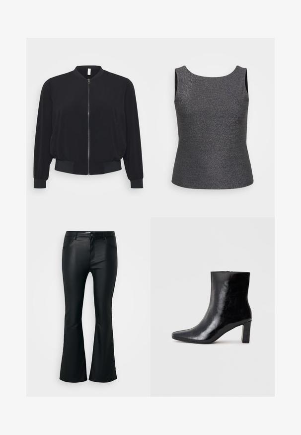 Chaqueta bomber negra hecha de un tejido ligero, con cremallera frontal, puños y dobladillo acanalados, y un diseño clásico de cuello redondo.; Top sin mangas en gris oscuro con un brillo metálico, que presenta un escote redondo y una forma ajustada, fabricado con una tela texturizada.; Pantalones negros de campana fabricados con un material suave y brillante. Presentan cinco bolsillos, trabillas y una cremallera con cierre de botón.; Botín negro de tobillo hecho de cuero brillante, con punta afilada y un tacón de bloque medio, con una textura suave y un diseño sencillo.