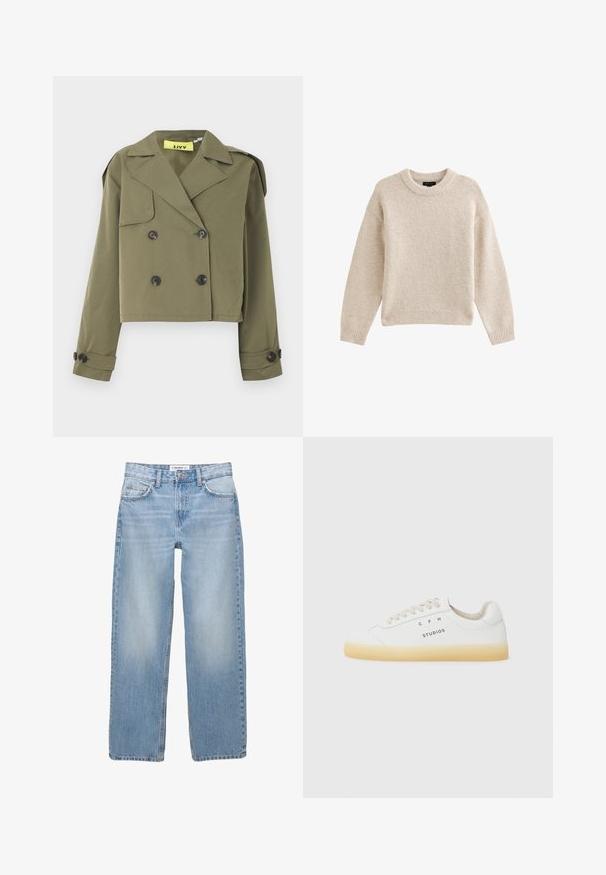 Olivengrøn cropped jakke med dobbeltradet knaplukning, skarpe revers og skulderepauletter. Har to forlommer.; Beige strikket sweater med rund hals, lange ærmer og ribbet kant. Tekstureret stof med en blød udseende. Enkel og alsidig design.; Lyseblå denimbukser med lige ben, fem-pockets stil og synlige syninger. Stofmaterialet har en blød, let falmet tekstur.; Hvide sneakers fremstillet af læder med en rund tå, beige snørebånd og en gennemsigtig gummisål; har "CPH STUDIOS" logoet på siden.