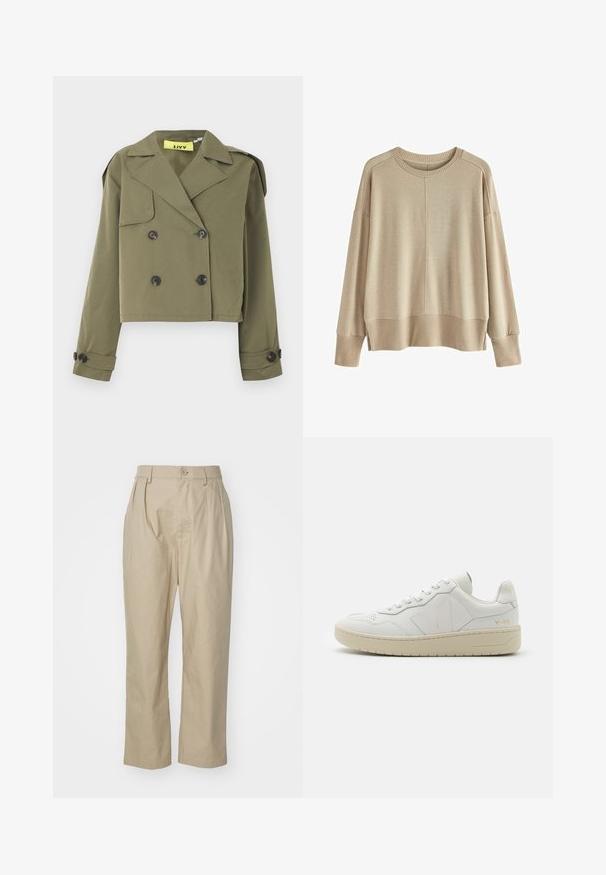 Olivengrøn cropped jakke med dobbeltradet knaplukning, skarpe revers og skulderepauletter. Har to forlommer.; Beige strikket sweater med en afslappet pasform, ribbede manchetter og kant, rund halsudskæring og dropped shoulders. Blød tekstur med minimale sømme.; Beige bukser lavet af bomuld, med afslappet pasform, frontfolder, en enkelt knaplukning og lige ben med syede kant.; Hvide lædersneakers med perforeret tåboks, kontrasterende beige gummisål og logoer på siden og hælen. Minimalistisk design.