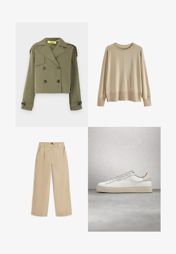 Olivengrøn cropped jakke med dobbeltradet knaplukning, skarpe revers og skulderepauletter. Har to forlommer.; Beige strikket sweater med en afslappet pasform, ribbede manchetter og kant, rund halsudskæring og dropped shoulders. Blød tekstur med minimale sømme.; Beige bukser med lige ben, forreste læg, sidelommer, bæltestropper og en lille logoetiket på det indvendige linning.; Hvide lædersneakers med en glat overflade, beige ruskindsdetaljer, rund tå, flad snørebåndsdesign og en struktureret gummisål.