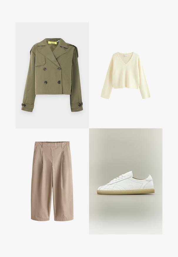 Olivengrøn cropped jakke med dobbeltradet knaplukning, skarpe revers og skulderepauletter. Har to forlommer.; Cremefarvet, cropped sweater med ribbet tekstur, V-hals og lange ærmer. Har en afslappet pasform og et enkelt design.; Beige vide bukser med korte ben, forrest med plisseringer, sidelommer, bæltestropper og en tætsiddende talje.; Hvid lavtop lædersneaker med beige sål, snøredesign og subtile syede mønstre på neutral baggrund.