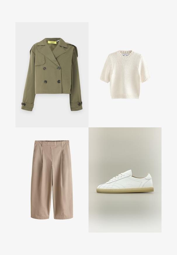 Olivengrøn cropped jakke med dobbeltradet knaplukning, skarpe revers og skulderepauletter. Har to forlommer.; Kortærmet cremefarvet strikket sweater med ribstrikkede manchetter, kant og rund hals, vist fladt på en hvid baggrund.; Beige vide bukser med korte ben, forrest med plisseringer, sidelommer, bæltestropper og en tætsiddende talje.; Hvid lavtop lædersneaker med beige sål, snøredesign og subtile syede mønstre på neutral baggrund.
