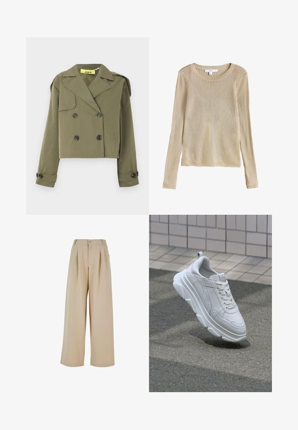 Olivengrøn cropped jakke med dobbeltradet knaplukning, skarpe revers og skulderepauletter. Har to forlommer.; Beige ribstrikket langærmet sweater med rund halsudskæring og slim fit, vist fladt med synligt mærke ved kraven.; Beige vide benbukser med plisseret front, knaplukning og en glat tekstur. Har en skræddersyet talje og sidelommer.; Hvide lædersneakers med en tyk, tekstureret gummisål, der har snørebåndslukning og syninger. Rund tå og design med ankelstøtte.