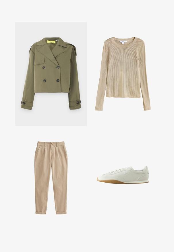Olivengrøn cropped jakke med dobbeltradet knaplukning, skarpe revers og skulderepauletter. Har to forlommer.; Beige ribstrikket langærmet sweater med rund halsudskæring og slim fit, vist fladt med synligt mærke ved kraven.; Beige chinos lavet af let bomuldsstof. Har en tilspidset benform, frontfolder, sidelommer og rullede manchetter. Børstet tekstur.; Hvid lav sneaker med brun gummisål, syningsdetaljer, snørelukning foran og broderet logo på siden.
