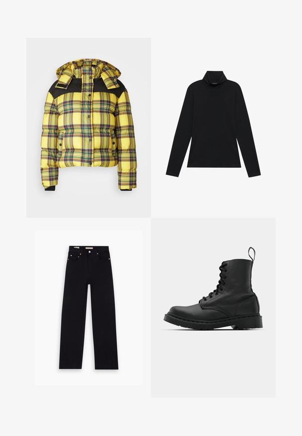 Gulternet pufferjakke med sorte skulderdetaljer, der har hætte, trykknapper og ribbede manchetter. Struktureret ternet mønster hele vejen igennem.; Sort turtleneck med lange ærmer. Blødt stof, tætsiddende design, høj krave og sidesøm. Simpel og alsidig stil, der er velegnet til lag-på-lag.; Sorte denim jeans med lige pasform, fem lommer, kobberdetaljer og en glat tekstur. To mærker synlige på taljebåndet.; Sort læder kampstøvle med rund tå, snørebånd foran og en løkke ved anklen. Har en tyk gummisål for holdbarhed.