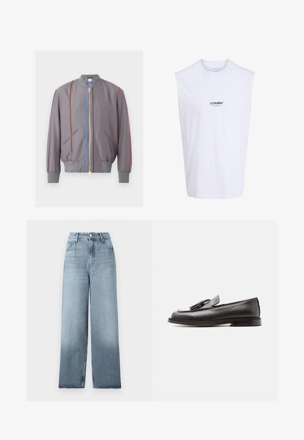 Blouson bomber gris zippé avec poignets et col côtelés, présentant des rayures verticales marron, bleues et rouges sur le devant et les manches.; Chemise blanche sans manches avec petit logo texte noir "JJ Studios" centré sur le devant et encolure ronde.; Jean bleu clair taille haute, jambes larges, avec fermeture à boutons et fermeture éclair, poches avant et passants pour ceinture sur un fond uni.; Mocassin en cuir noir avec détail pompon, semelle plate et bout arrondi, présenté de profil sur fond blanc.