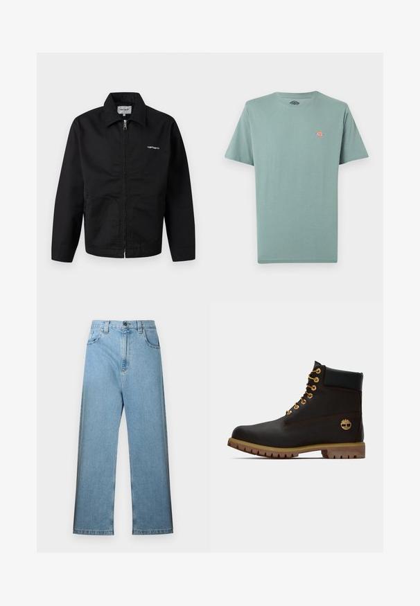 Veste noire à fermeture éclair avec col, manches longues, et logo blanc "Carhartt" sur la poitrine, présentée sur un fond uni.; T-shirt à manches courtes unie vert clair atténué avec un petit logo multicolore Dickies sur la poitrine gauche.; Jean en denim bleu clair avec taille haute, coupe jambe large, passants pour ceinture et cinq poches. Le tissu a une texture lisse avec une décoloration minimale.; Bottine noire en cuir avec œillets dorés, accents marron et semelle en caoutchouc. Comprend un col rembourré et un logo estampé sur le côté.