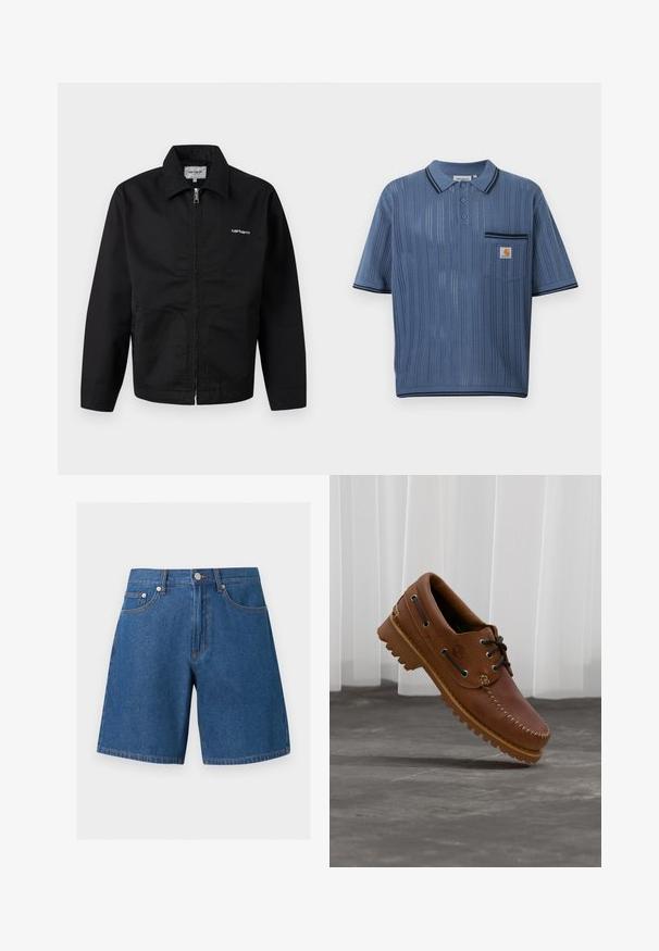 Veste noire à fermeture éclair avec col, manches longues, et logo blanc "Carhartt" sur la poitrine, présentée sur un fond uni.; Polo en maille bleu avec rayures verticales ajourées, patte de boutonnage à trois boutons, poche poitrine avec logo Carhartt et bordures noires sur le col et les manches.; Short en denim bleu avec bouton et fermeture éclair à l'avant, deux poches avant et une poche à monnaie, présenté sur un fond uni.; Chaussure de bateau en cuir marron avec des lacets noirs, des coutures beiges et une semelle robuste, suspendue au-dessus d'un sol en béton gris.