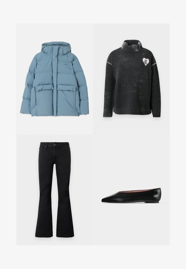 Helles blaues Daunenjacke mit Kapuze, mit einem Reißverschluss, zwei Vordertaschen und gestepptem Design zur Isolierung.; Schwarzer Pullover mit hohem Kragen, der auf der Brust ein weißes Herz und einen Buchstaben zeigt. Hergestellt aus weichem Material mit einer strukturierten Oberfläche.; Schwarze High-Waist-Jeans mit vorderer Knopf- und Reißverschlussverschluss, zwei vorderen Taschen und weitem Bein, flach auf weißem Hintergrund ausgelegt.; Schwarzer flacher Damenleder-Schuh mit spitzer Kappe und niedrigem Absatz, von der Seite auf einfarbigem hellgrauem Hintergrund gezeigt.