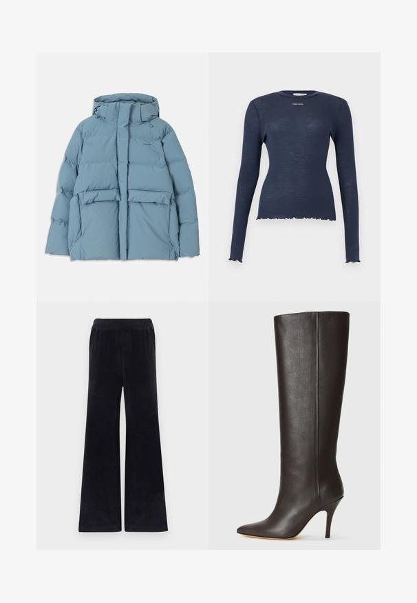 Lichtblauw opvouwjack met capuchon, voorzien van een ritssluiting, twee voorzakken en een doorgestikt ontwerp voor isolatie.; Navyblauw geribd, gebreid shirt met lange mouwen, ronde hals, gerimpelde zoom en manchetten, en het "Stine Goya" logo op de borst.; Zwarte wijde broek gemaakt van zachte stof, met een elastische tailleband, een gladde textuur en zonder zichtbare zakken of hardware.; Zwarte leren kniehoog laars met een spitse neus, strak ontwerp en een dunne hoge hak. Gladde textuur en minimale detaillering.