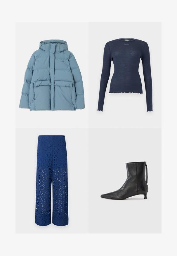 Lichtblauw opvouwjack met capuchon, voorzien van een ritssluiting, twee voorzakken en een doorgestikt ontwerp voor isolatie.; Navyblauw geribd, gebreid shirt met lange mouwen, ronde hals, gerimpelde zoom en manchetten, en het "Stine Goya" logo op de borst.; Blauwe broek met wijd uitlopende pijpen, voorzien van ingewikkelde laser uitgesneden bloemenpatronen en een beige voering eronder.; Zwarte leren enkellaars met een puntige neus, gestructureerde vorm en een lage hak. Voorzien van een zijrits en een minimalistisch ontwerp.
