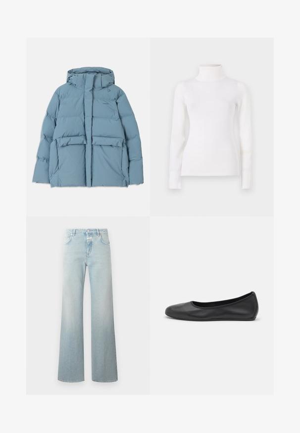 Lichtblauw opvouwjack met capuchon, voorzien van een ritssluiting, twee voorzakken en een doorgestikt ontwerp voor isolatie.; Witte coltrui, aansluitende pasvorm, lange mouwen, zachte textuur, gladde stof, minimale details, ribgebreide boorden en kraag.; CLOSED GILLAN - Wide leg - light blue; Zwarte leren ballerina met een ronde neus, gladde textuur, minimale stikdetails en een flexibele zoolontwerp.