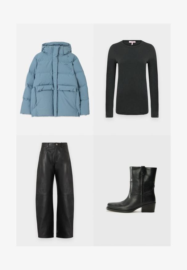 Vaaleansininen puffatakki hupulla, jossa on vetoketjukiinnitys, kaksi etutaskua ja tilkkupatentti eristykselle.; rag & bone THE SLUB - Pitkähihainen paita - black; Mustat mustat korkeavyötäröiset leveälahkeiset nahkahousut, joissa on edessä napit, vetoketju ja kaksi etutaskua, esillä valkoista taustaa vasten.; Musta nahkasaapas nilkkamittaisella varrella, pyöreällä kärjellä, lohkarekorolla, sivuvetoketjulla ja ompeluaksentilla varren yläosassa. Suora pinta, klassinen muotoilu.