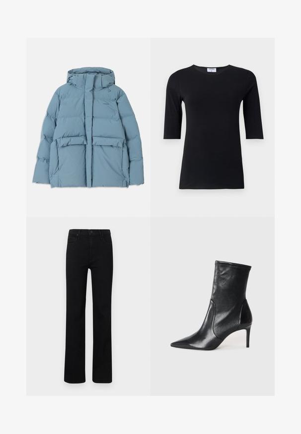 Helles blaues Daunenjacke mit Kapuze, mit einem Reißverschluss, zwei Vordertaschen und gestepptem Design zur Isolierung.; Schwarzes Langarmshirt aus weichem, dehnbarem Stoff. Hat einen runden Ausschnitt und eine taillierte Silhouette mit Ärmeln in mittlerer Länge.; Schwarze Denim-Jeans mit geradem Bein, ausgestattet mit vorderen Taschen und einem Knopfverschluss. Glatte Textur mit einem klassischen, vielseitigen Look.; Schwarze Stiefeletten aus glattem Leder, mit einer spitzen Zehe, schmalem Schaft und schlanker, hoher Ferse. Minimalistisches Design ohne sichtbare Beschläge.