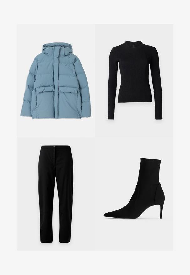 Helles blaues Daunenjacke mit Kapuze, mit einem Reißverschluss, zwei Vordertaschen und gestepptem Design zur Isolierung.; Schwarzes Langarmoberteil mit einer figurbetonten Passform, strukturiertem Stoff und hochgeschnittenem Kragen. Verfügt über einen verdeckten Reißverschluss im Rücken zur Befestigung.; Schwarze gerade Hosen mit Knopf- und Reißverschluss, glattem Stoff und minimaler Gestaltung vor einem schlichten hellen Hintergrund.; Schwarzer Ankle-Boot mit spitzer Kappe und schlankem, hohem Absatz, im Profil auf hellem Hintergrund gezeigt. Schlankes, minimalistisches Design.