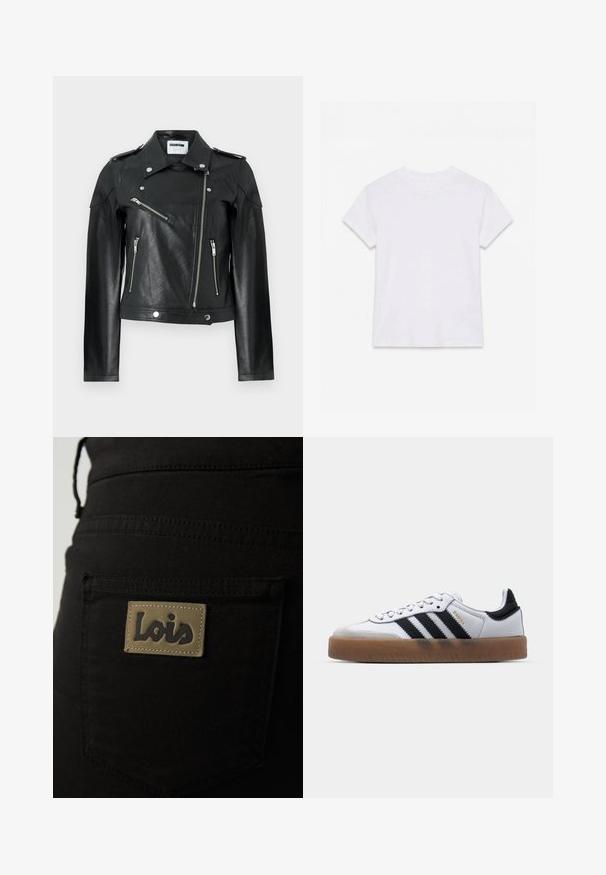 Zwarte leren motorjack met een cropped ontwerp, zilveren ritsen, drukknopen en schouderepauletten. Beschikt over een gestructureerde afwerking.; Effen wit katoenen T-shirt met korte mouwen en ronde hals, plat gelegd op een witte achtergrond.; Zwarte stoffen broek met een achterzak voorzien van een tan label met het logo "Lois" in donkere letters. Stitchingdetails zichtbaar.; Witte leren sneakers met zwarte strepen, gumrubberen buitenzool, ronde neus, vetersluiting en een zachte grijze suède neuskap.
