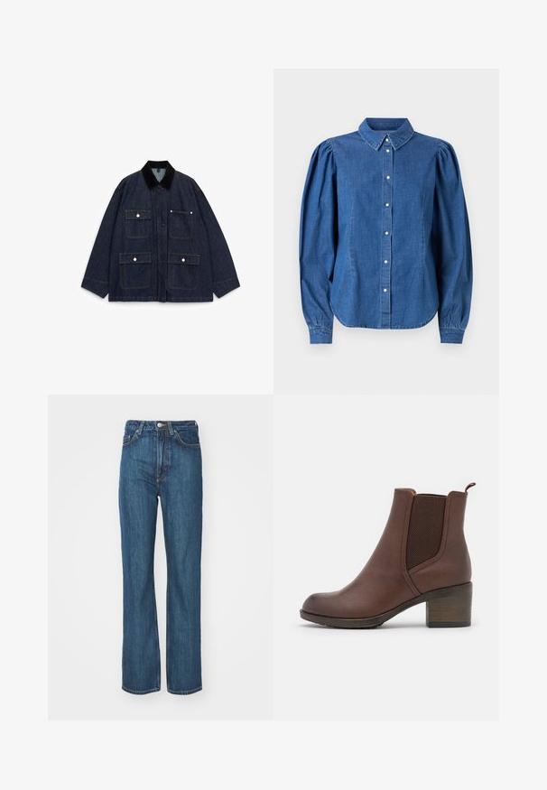 Veste en denim bleu foncé avec un col en velours côtelé, dotée de quatre poches avant, de boutons-pression et d'un design décontracté.; Chemise en denim de couleur bleu clair, avec un devant boutonné et un col tailleur. Présente des manches longues bouffantes et un ourlet arrondi.; Jean en denim bleu avec une coupe droite, doté d'une fermeture par bouton, de passants pour ceinture et de plusieurs détails de poches. Texture subtile.; Bottine en cuir marron, avec une finition lisse, des panneaux latéraux élastiques, un bout arrondi et un talon en bois modéré.