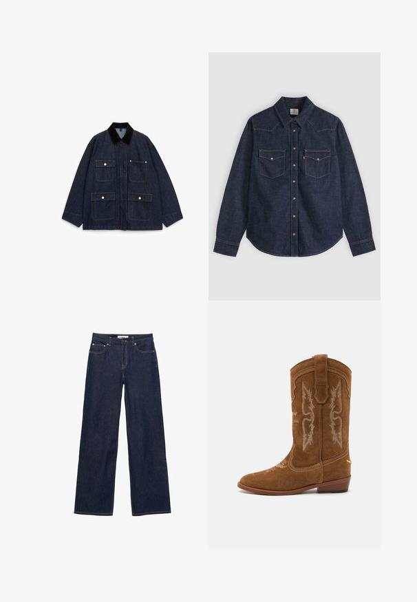 Veste en denim bleu foncé avec un col en velours côtelé, dotée de quatre poches avant, de boutons-pression et d'un design décontracté.; Chemise en denim bleu foncé à manches longues avec col pointu, boutons-pression à l'avant et deux poches poitrine à boutons avec surpiqûres contrastées.; Jean bleu foncé droit avec poches avant, passants pour ceinture, fermeture par boutons et coutures contrastantes visibles.; Bottes de cowboy en suède marron avec une broderie blanche intricate, bout pointu et talon empilé. Présente des motifs décoratifs sur la tige.