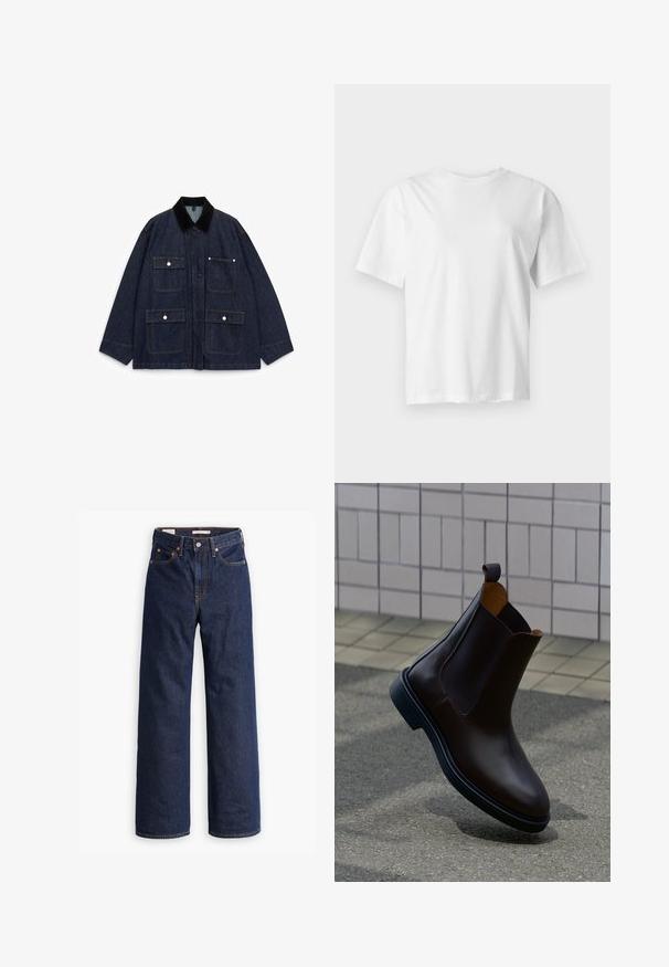 Veste en denim bleu foncé avec un col en velours côtelé, dotée de quatre poches avant, de boutons-pression et d'un design décontracté.; T-shirt blanc uni à manches courtes et col rond, présenté à plat sur un fond gris clair.; Jeans en denim droit bleu foncé avec cinq poches, surpiqûres orange et fermeture à boutons.; Botte Chelsea en cuir marron foncé avec languette de fixation et panneaux latéraux élastiques, placée sur un pavé gris avec un mur carrelé en arrière-plan.