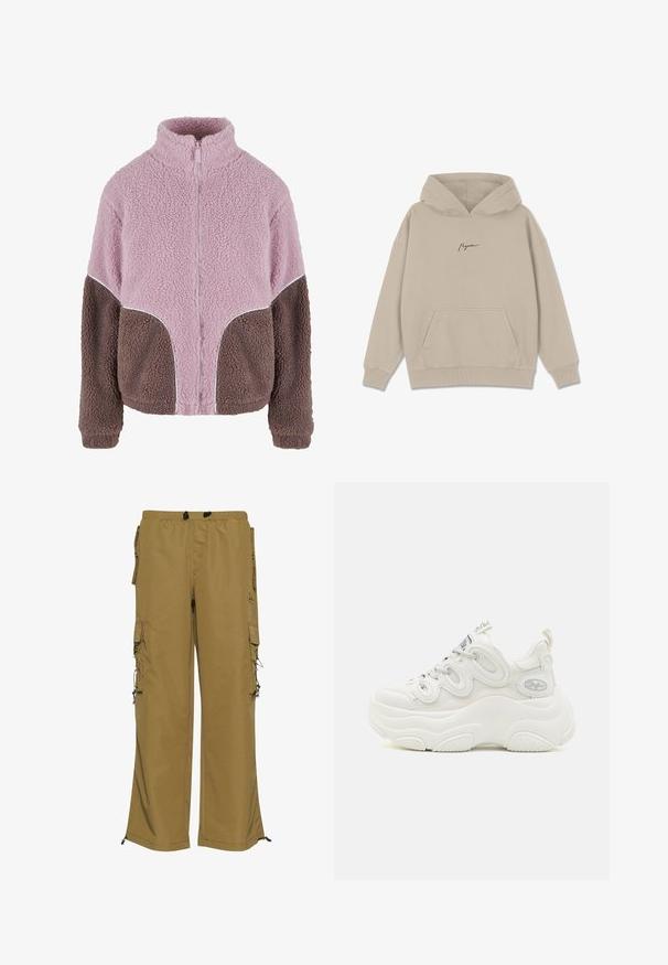 Karl Kani Fleecejas - rose taupe; Beige hoodie van zacht materiaal met een voorzak, ribgebreide manchetten en een capuchon met trekkoord. Minimalistisch logo in een donkere kleur.; Khaki cargobroek met een elastische tailleband, meerdere zijvakken en verstelbare manchetten. Gemaakt van een duurzaam materiaal met een gladde textuur.; Witte chunky sneakers met een bovenwerk van mesh en synthetisch materiaal, een gebogen vorm, een gestructureerde zool en een opvallend vetersysteem met logo-details.