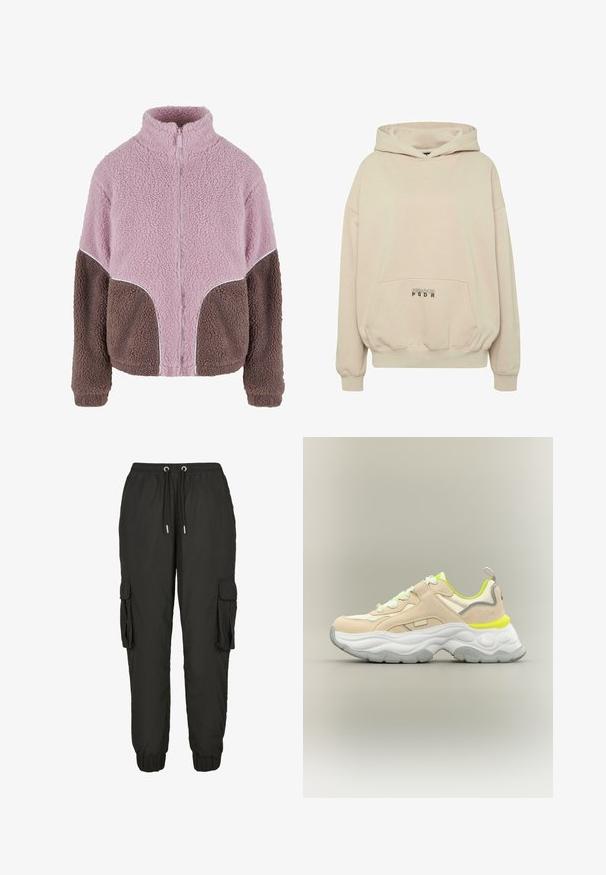 Karl Kani Fleecejas - rose taupe; Beige hoodie met een voorzak, geribbelde boorden en een capuchon met trekkoord. "PECADOR PGDR" tekst gedrukt op het zakgebied.; Zwarte cargobroek van lichtgewicht materiaal, met een elastische tailleband, verstelbaar trekkoord, zijzakken en geribbelde manchetten.; Beige en witte chunky sneaker met neongele accenten, gestructureerde zool, veters aan de voorkant en een trekkoord aan de achterkant op een neutrale achtergrond.