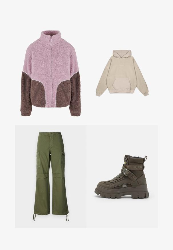 Karl Kani Fleecejas - rose taupe; Beige hoodie met een ontspannen pasvorm, buidelzak, omgeslagen mouwen en een gladde textuur. Heeft subtiele logodetails aan de voorkant.; Olijfgroene cargobroek van katoen, met een brede pijpdesign, twee zijzakken en verstelbare touwen aan de zoom.; Buffalo ASPHA LACEUP MID - Veterboots - khaki