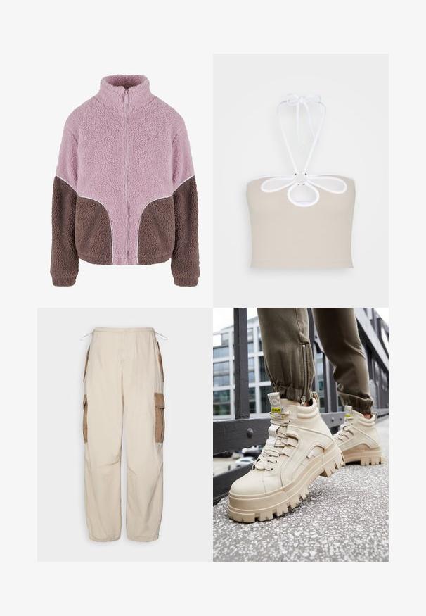 Karl Kani Flísová bunda - rose taupe; Even&Odd by Zalando Top - taupe; BDG Urban Outfitters CONTRAST - Kapsáče - beige; Béžové vysoké tenisky s masívnou, textúrovanou podrážkou, šnúrkovým zapínaním a žltými akcentmi. Textúrovaný kožený zvršok s kontrastným šitím.