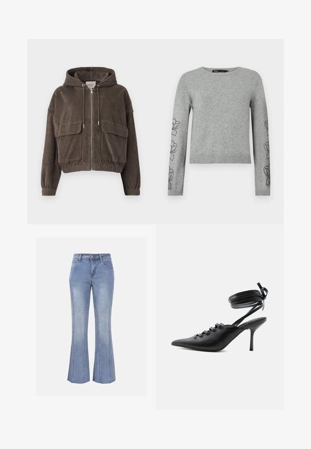 Braune Cordjacke mit Kapuze, Reißverschluss vorne, großen Pattentaschen, elastischen Bündchen und cropped Design. Weiche Textur mit vertikalen Rillen.; Grau gestrickter Pullover mit langen Ärmeln, geripptem Saum und floraler Stickerei an den Ärmeln. Rundhalsausschnitt und strukturierter Stoff.; Hellblaue Jeans aus Denim mit leicht ausgestelltem Bein, Knopf- und Reißverschluss, Taschen vorne und hinten sowie sichtbaren vertikalen Nahtdetails.; Schwarzer spitzer High-Heel-Schuh mit Schnürung vorne und wickelnden Knöchelriemen, die zu einer Schleife gebunden sind, von der Seite auf weißem Hintergrund gezeigt.