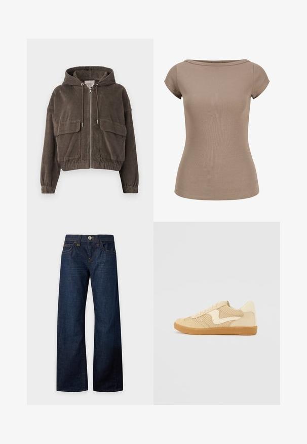 Veste en velours côtelé marron avec une capuche, fermeture éclair à l'avant, grandes poches plaquées, poignets élastiques et un design court. Texture douce avec des rayures verticales.; Top taupe en maille côtelée à manches courtes avec encolure bateau et taille cintrée, présenté sur fond blanc.; Jean bleu foncé à jambes larges avec bouton et fermeture éclair, poches avant et arrière, passants de ceinture et surpiqûres contrastées, disposé à plat sur fond blanc.; Sneaker beige avec des matériaux en daim et en maille, forme arrondie, col rembourré proéminent et semelle en caoutchouc gomme. Présente un accent de design en forme de vague.