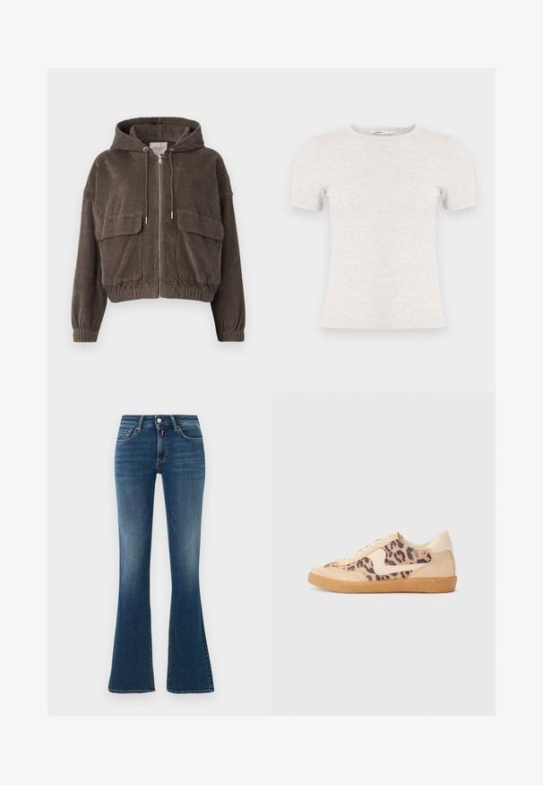 Braune Cordjacke mit Kapuze, Reißverschluss vorne, großen Pattentaschen, elastischen Bündchen und cropped Design. Weiche Textur mit vertikalen Rillen.; Hellgraues, kurzärmliges T-Shirt aus Rippstoff mit Rundhalsausschnitt. Schlichtes Design, glatte Textur, keine sichtbaren Muster oder Akzente.; Blaue Denim-Hosen mit hoher Taille und leichtem Verblassen, vorderen Taschen, Knopf, Reißverschluss und ausgestellten Beinen vor einem schlichten hellen Hintergrund.; Löwenmuster-Sneaker mit beige Wildleder-Obermaterial, tanfarbener Gummisohle und weißen Akzenten. Runde Zehenform und Schnürdesign mit strukturiertem Finish.