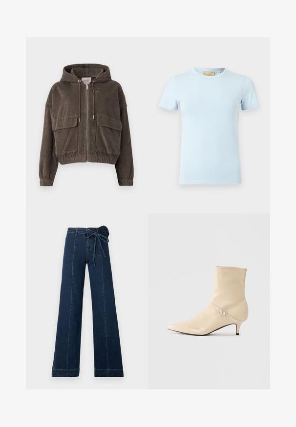Braune Cordjacke mit Kapuze, Reißverschluss vorne, großen Pattentaschen, elastischen Bündchen und cropped Design. Weiche Textur mit vertikalen Rillen.; Helles blaues T-Shirt mit kurzen Ärmeln aus weicher Baumwolle. Es hat einen runden Halsausschnitt und eine glatte Textur ohne sichtbare Muster oder Akzente.; Dunkelblaue Jeans aus Denim mit weitem Bein, versehen mit einer dekorativen Stoffrose an der Taille und einem gebundenen Band. Nahtdetails entlang der Beine.; Beige Stiefelette mit spitzer Zehenpartie bis zur Wade, kleinen Kitten-Heel und dekorativem Riemen mit silberner Schnalle auf einem einfarbigen Hintergrund.