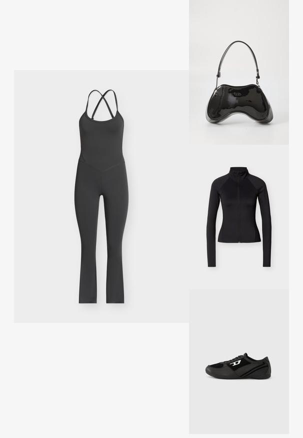 Zwart nauwsluitend jack met lange mouwen, hoge kraag en ritssluiting aan de voorkant, ontworpen voor sportief of casual gebruik.; Zwarte mouwloze jumpsuit met gekruiste dunne schouderbandjes en uitlopende pijpen op een lichte achtergrond.; Zwarte sportschoenen met bovenwerk van suède en synthetisch materiaal, met een gestructureerd ontwerp, afgeronde neus en een platte zool. Zilveren logo-accent aan de zijkant.; Zwarte gepatenteerde leren handtas met een unieke gebogen vorm, korte verstelbare handgreep en een ritsopening. Glad uiterlijk met subtiele branding.